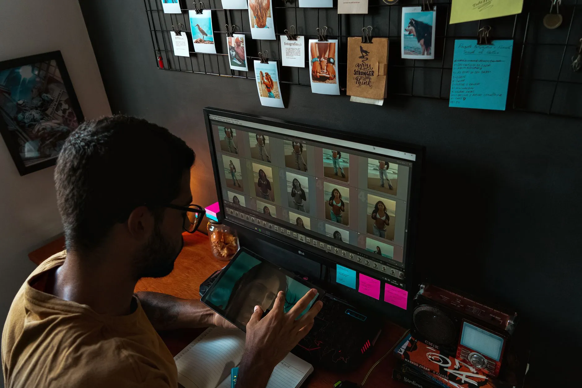 Close up of hands using a tablet to study interactive flashcards on a messy dorm desk